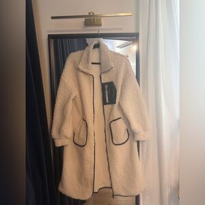 Women's Cream White Sherpa Coat with Black Accents